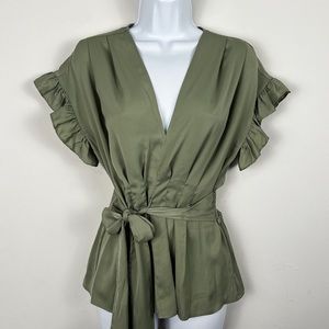 Max Studio Green Silk V-Neck Blouse with Flutter Sleeves Women Size M